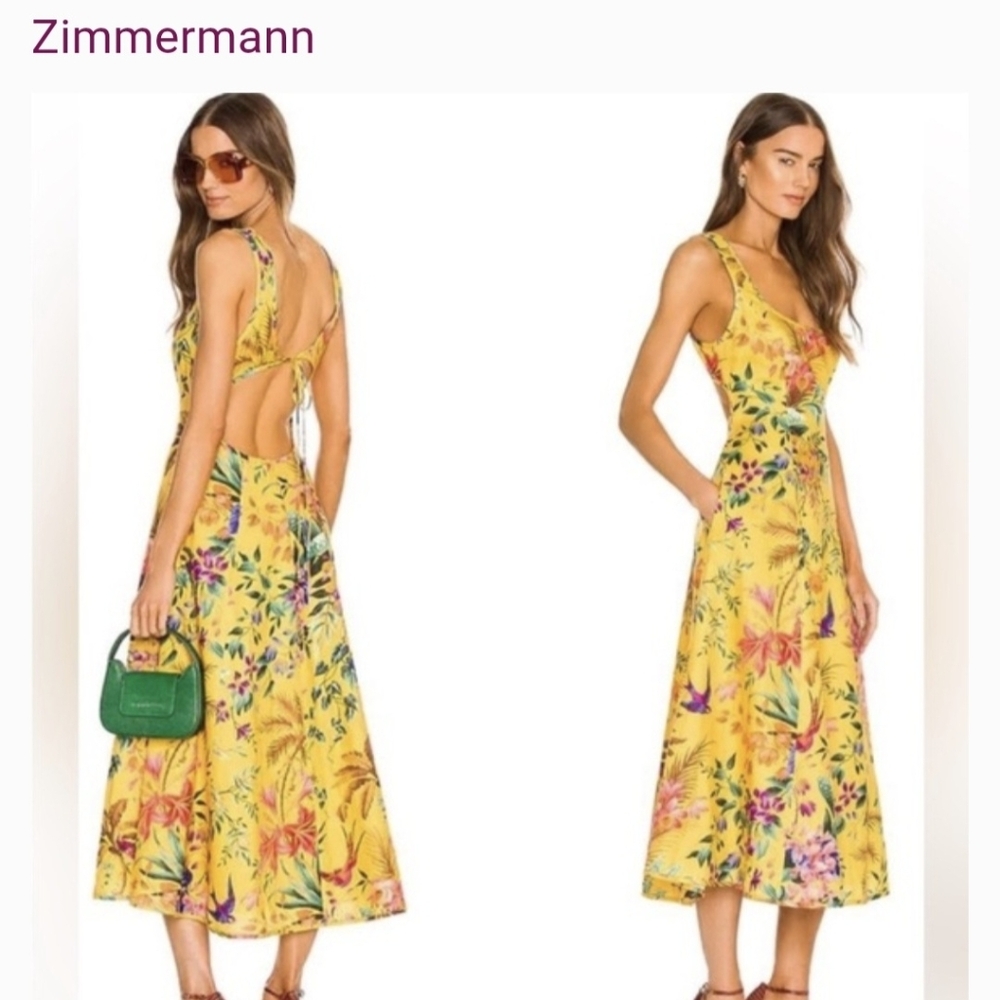Zimmermann Tropicana Cutout Midi Linen Dress In A Mango Floral Print Sz 6